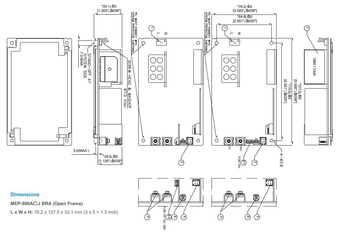 Mechanical Drawing - Delta Electronics MEP-500A Medical/Industrial AC-DC Power Supplies